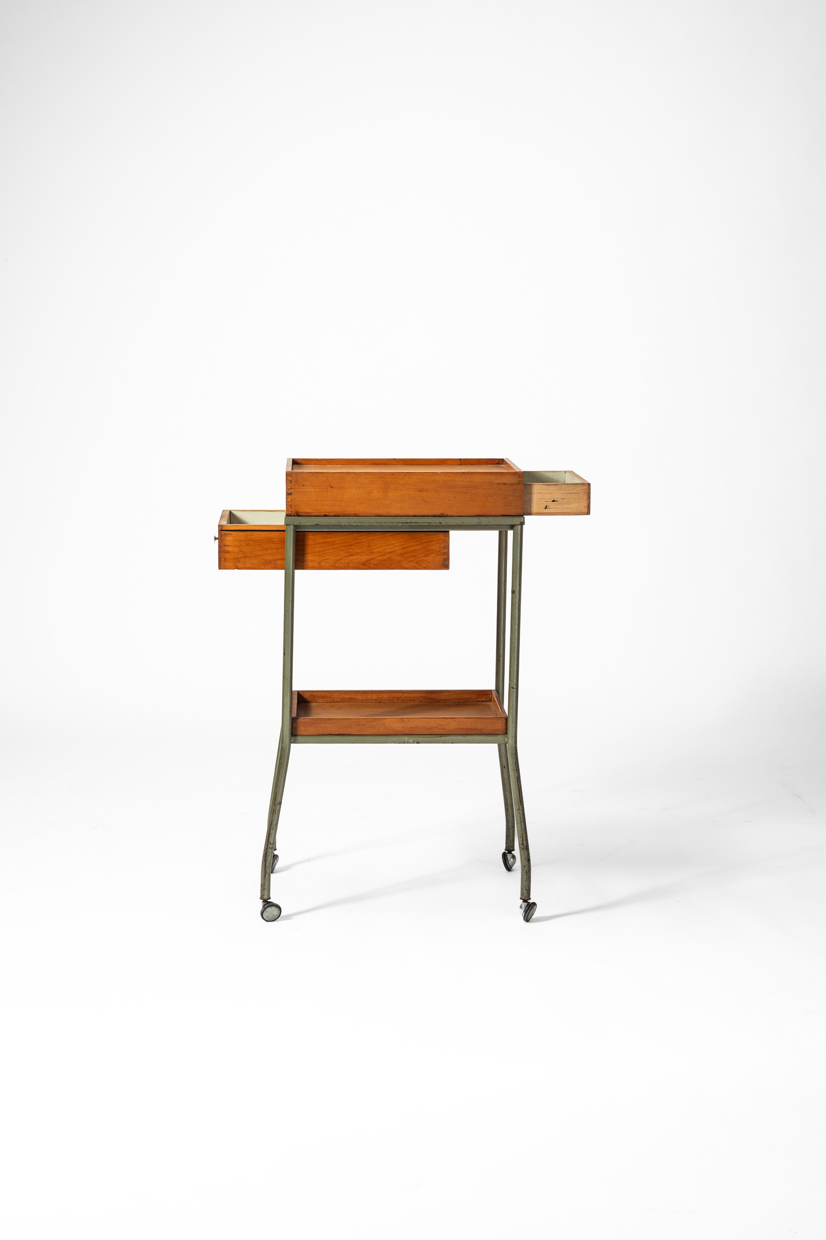 Manifattura Italiana - Mobiletto industriale, legno impiallacciato e metallo, 1950 circa
