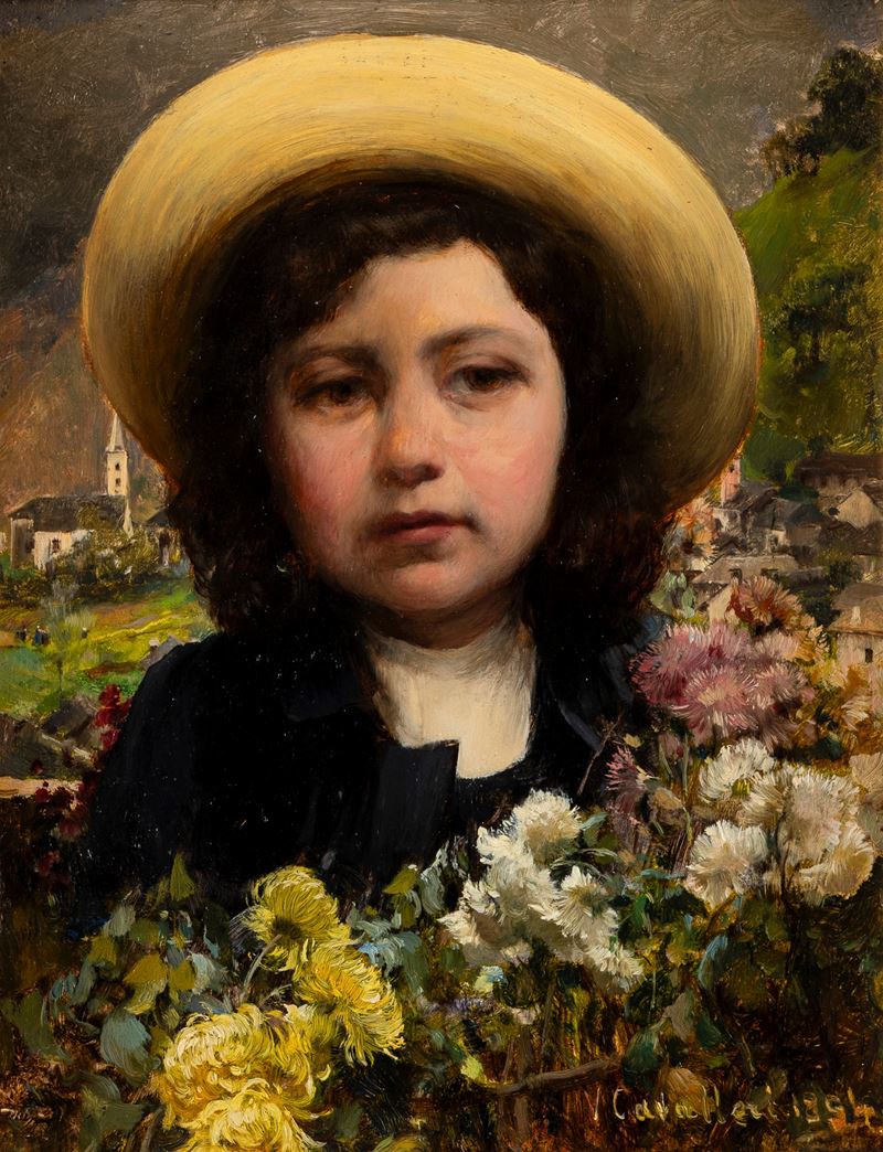 Vittorio Cavalleri - Ritratto di bambina con mazzo di fiori