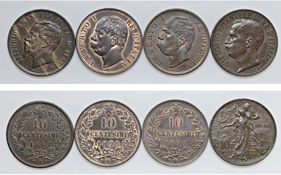 Lotto di 4 monete da 10 centesimi in rame (1867, 1893, 1894, 1911), varie zecche
