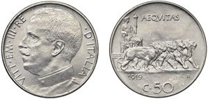 VITTORIO EMANUELE III (1900 - 1943) - 50 centesimi "leoni" 1919, bordo liscio, Roma.