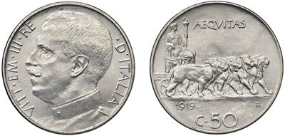 VITTORIO EMANUELE III, 50 centesimi “leoni” 1919, nichelio