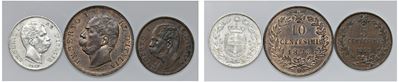 Umberto I, Lotto di tre monete in argento e altri metalli con date e zecche differenti