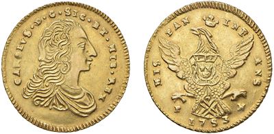 Carlo di Borbone (1734–1759), Doppia oncia 1753, oro, Palermo (sigle P N)