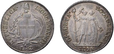 Anonimo, 2 Lire 1798, Genova — argento, 8,32 g, diametro 29 mm