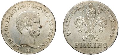 Leopoldo II d’Asburgo-Lorena, Fiorino da 100 quattrini, 1843 (III tipo), argento, Firenze