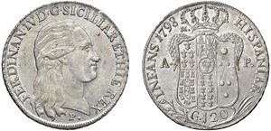 FERDINANDO IV DI BORBONE (1759 - 1816) - Piastra da 120 grana 1798, IX tipo, Napoli.