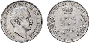 VITTORIO EMANUELE III, Somalia italiana (1909 - 1925) - Mezza rupia 1919, Roma.