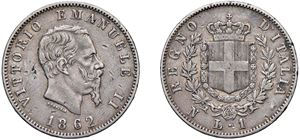 VITTORIO EMANUELE II (1861 - 1878) - 1 Lira 1862, "Stemma", Napoli.