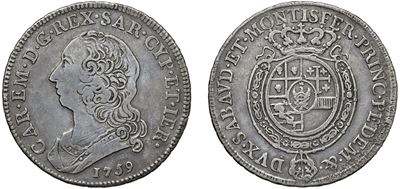 Carlo Emanuele III, 1/2 scudo da 3 lire (1759), Torino – argento