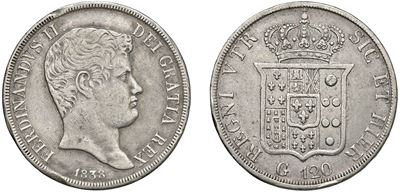 Ferdinando II di Borbone, Piastra da 120 grana (variante con corona rigata, II tipo) 1838, Napoli