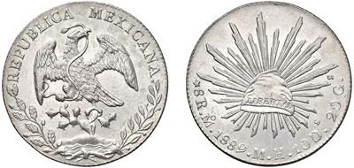 Repubblica messicana, 8 reales (argento) 1889, sigle MH, Città del Messico