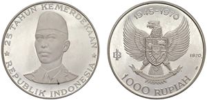 1000 Rupiah commemorativo del 25&deg; anniversario dell'indipendenza, 1970.