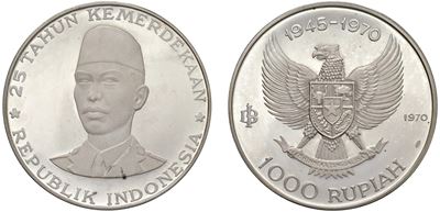 1000 Rupiah commemorativo del 25° anniversario dell’indipendenza (1970), argento