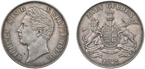 WURTTEMBERG - GUGLIELMO I (1816 - 1864) - 2 Gulden 1847, Stoccarda.