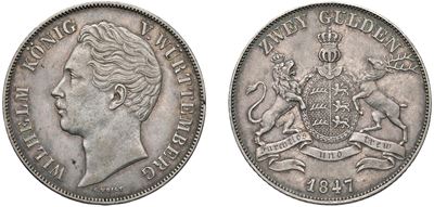 WURTTEMBERG, Guglielmo I (1816–1864) — 2 Gulden 1847, Stoccarda (argento)