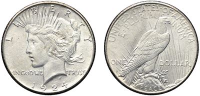 Dollaro Peace 1924 S, San Francisco (argento, diametro 38,10 mm)