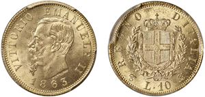 VITTORIO EMANUELE II (1861 - 1878) - 10 lire 1863, Torino.