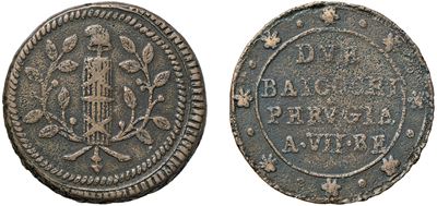 Anonimo, 2 Baiocchi, anno VII (1799) – Perugia, moneta in rame