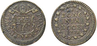 Pio Vi, Giovanni Angelo Braschi (1775 - 1799) - Quattrino 1778, Bologna.
