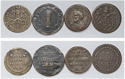 Pio VI e Repubblica Romana, lotto di 4 monete (metalli vari), XVIII secolo