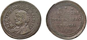 PIO VI, Giovanni Angelo Braschi (1775 - 1799) - 2 Baiocchi e mezzo 1796, ribattuto, Perugia.