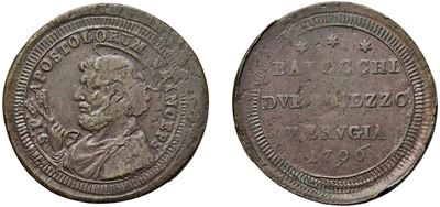 2 Baiocchi e mezzo 1796 ribattuto, Perugia (rievocazione con conio in rame)