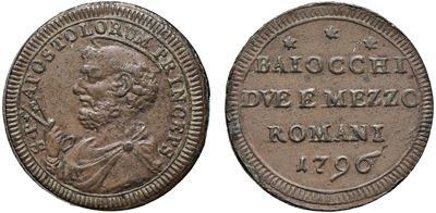 2 Baiocchi e mezzo (1796), Roma, Pio VI, moneta in rame