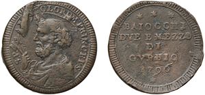 PIO VI, Giovanni Angelo Braschi (1775 - 1799) - 2 Baiocchi e mezzo 1796, Gubbio.