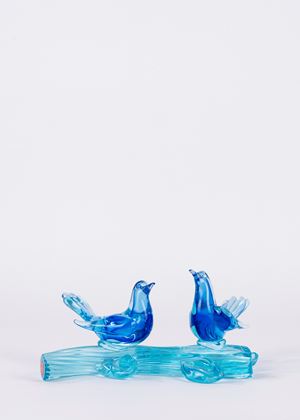 Uccellini su ramo, in vetro di Murano blu, anni '50-'60 del Novecento