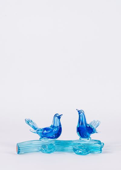 Uccellini su ramo in vetro di Murano blu, anni '50-'60 del Novecento