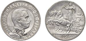 VITTORIO EMANUELE III (1900 - 1943) - 2 Lire 1908, "Quadriga  veloce", Roma.
