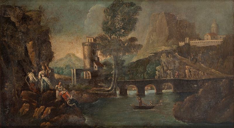 Scuola Italiana, Secolo XVIII - Paesaggio con rovine e viandanti, olio su tela