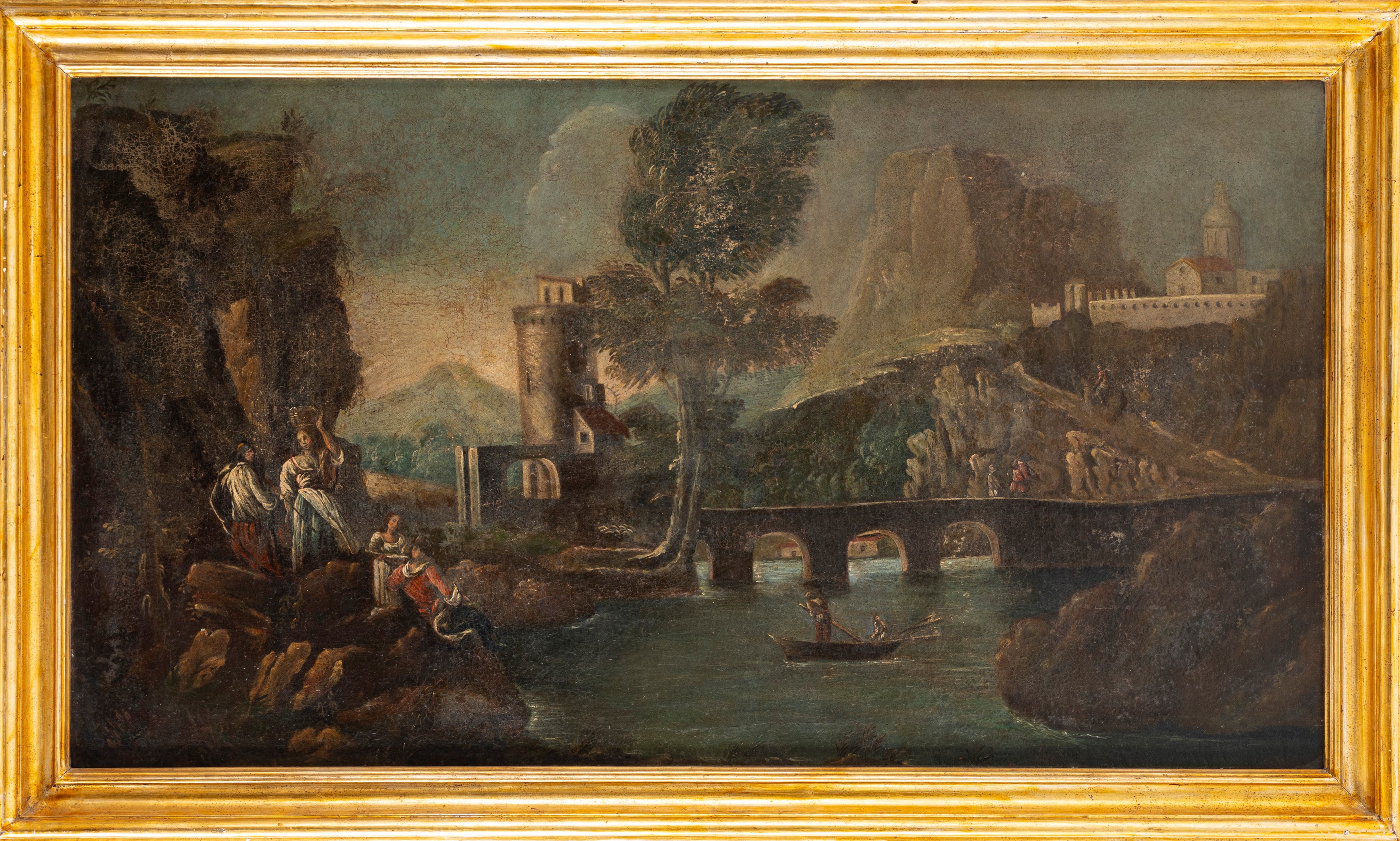 Scuola Italiana, Secolo XVIII - Paesaggio con rovine e viandanti, olio su tela
