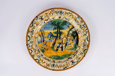 Piatto da parata istoriato, maiolica policroma, fine XIX - inizi XX secolo