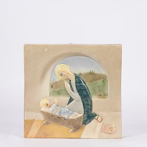 Formella in ceramica policroma raffigurante Madonna con Bambino
