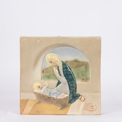 Formella in ceramica policroma raffigurante Madonna con Bambino
