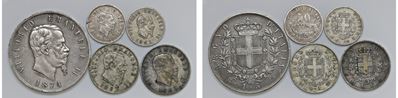 Vittorio Emanuele II, Lotto di 5 monete in argento (diverse date e zecche)