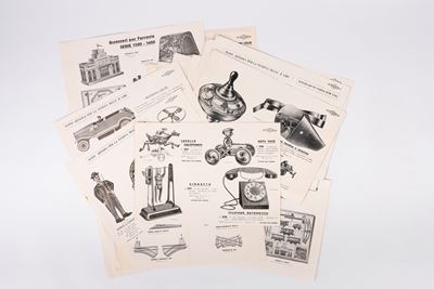 Catalogo illustrato, fogli sciolti con automobili e figure cinematografiche, 1930
