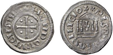 Ludovico I il Pio, Denaro, argento — tipologia con croce patente e tempio tetrastilo, Pavia
