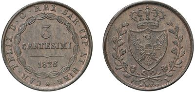 Carlo Felice (1821-1831), 3 Centesimi 1826, L in losanga, Torino — rame