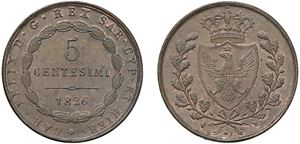 CARLO FELICE (1821 - 1831) - 5 Centesimi 1826, L in losanga, Torino.