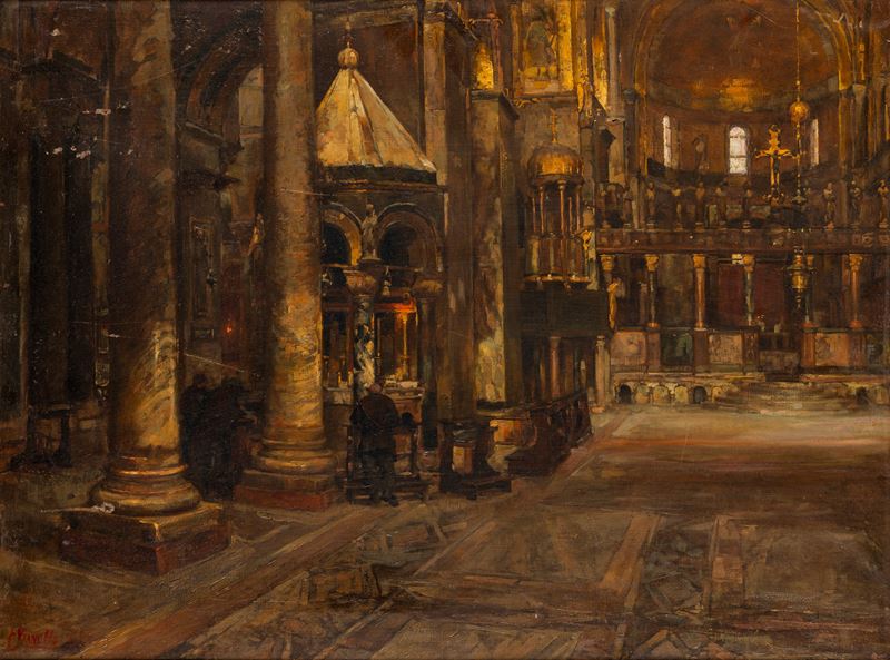 Attribuito a Cesare Vianello - Venezia, l'interno della basilica di San Marco, olio su tela