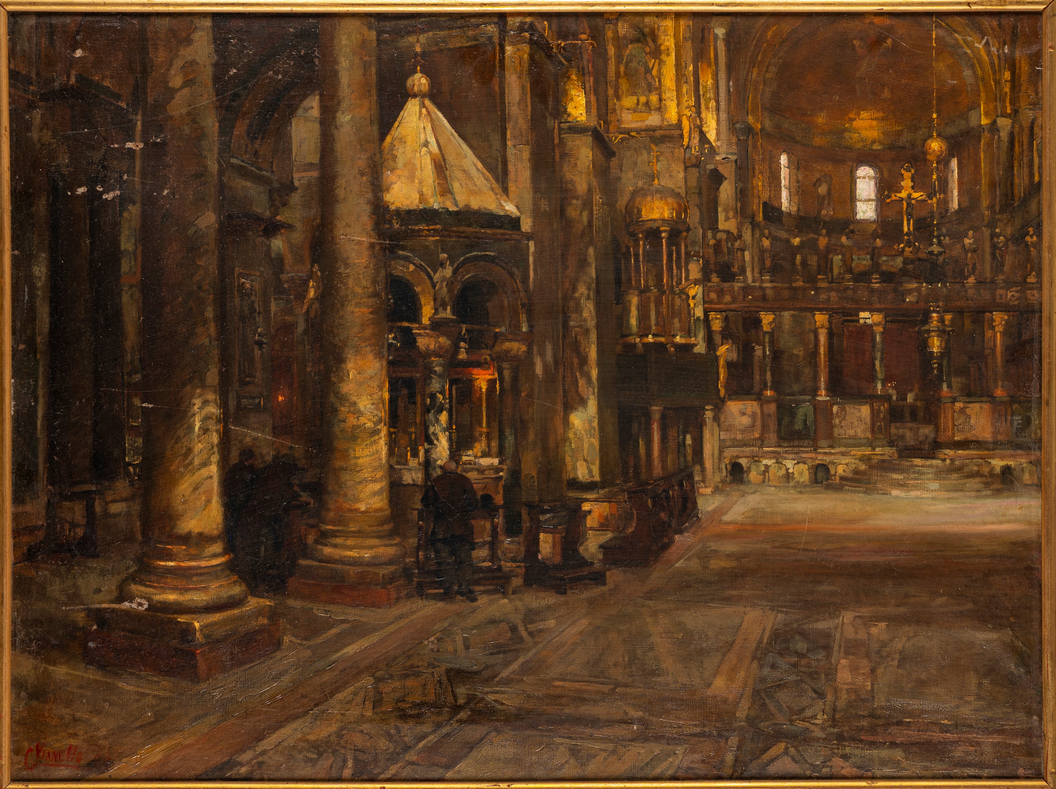 Attribuito a Cesare Vianello - Venezia, l'interno della basilica di San Marco, olio su tela