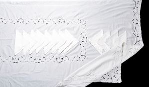 White linen and lace tablecloth with 12 napkins