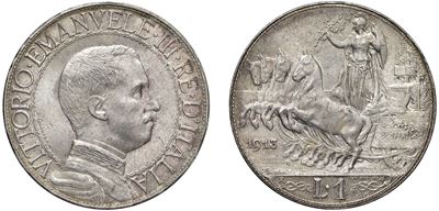 VITTORIO EMANUELE III, 1 Lira 1913 «Quadriga veloce», argento