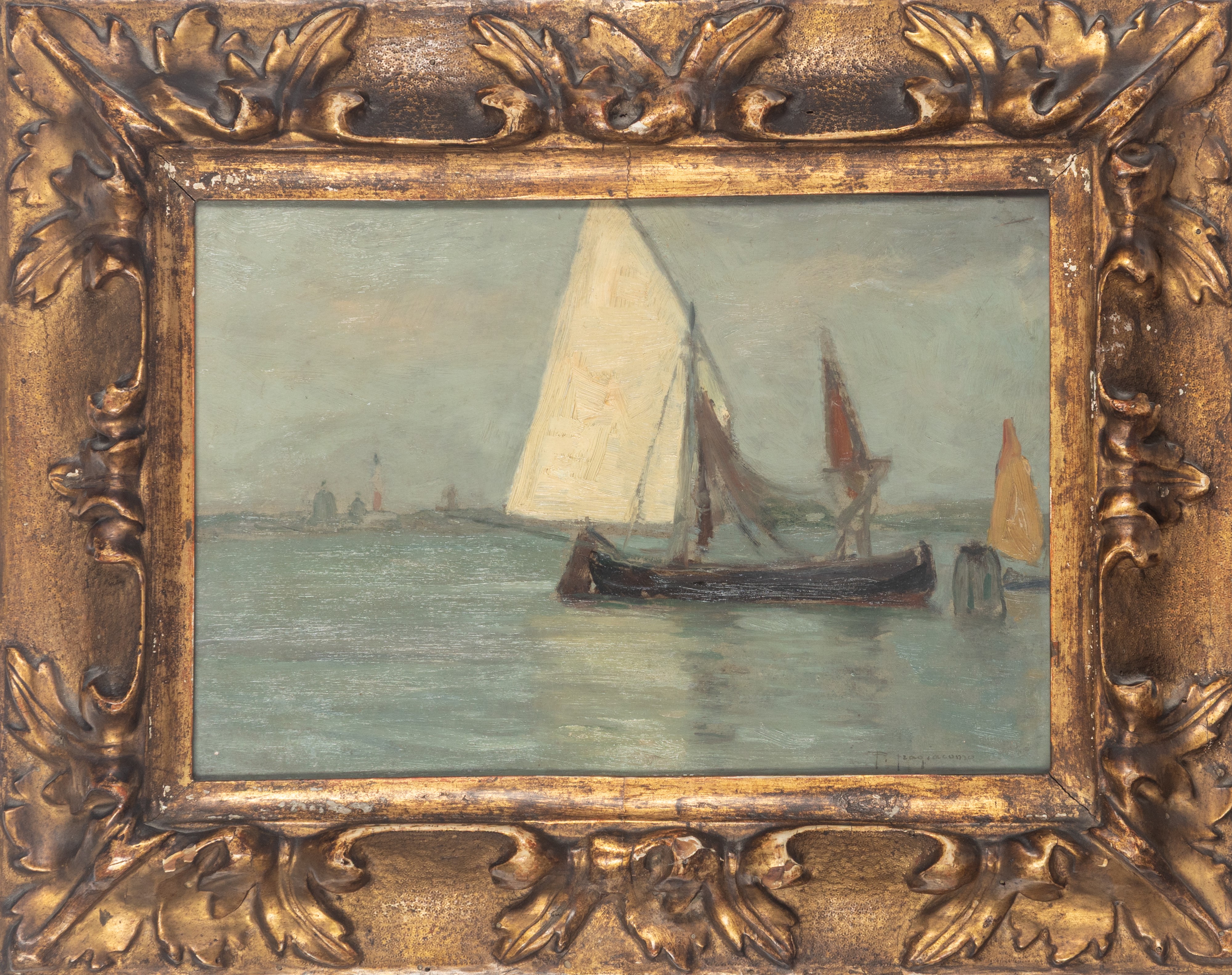 Pietro Fragiacomo - Venezia, laguna con barche