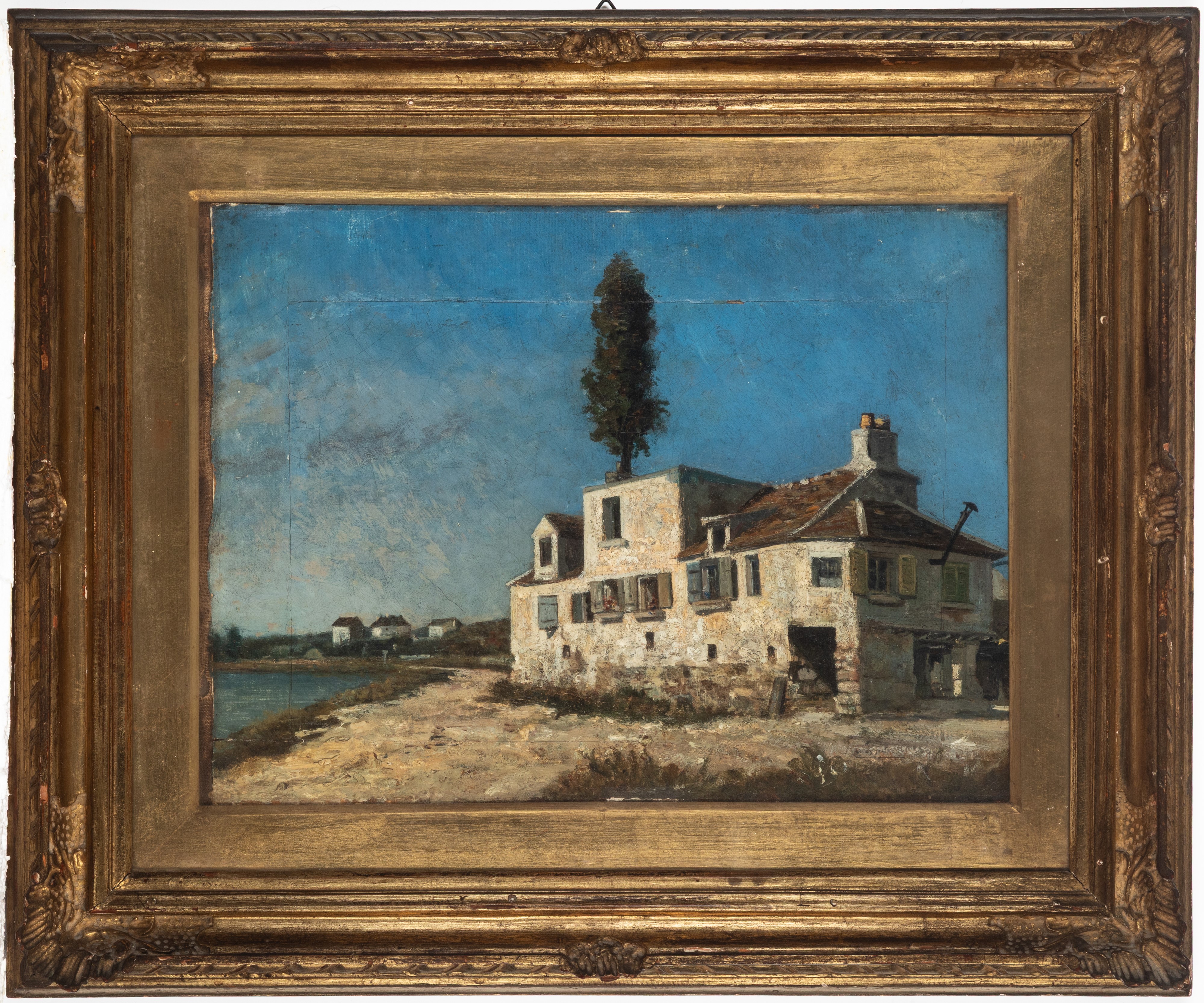 Scuola del Secolo XIX - Cascinale con cipresso, olio su tela