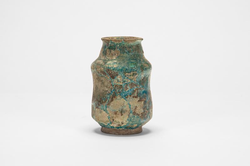 Albarello persiano antico, ceramica invetriata verde-turchese