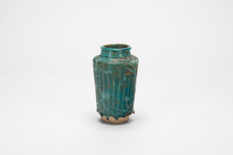 Albarello persiano antico, ceramica invetriata verde-turchese
