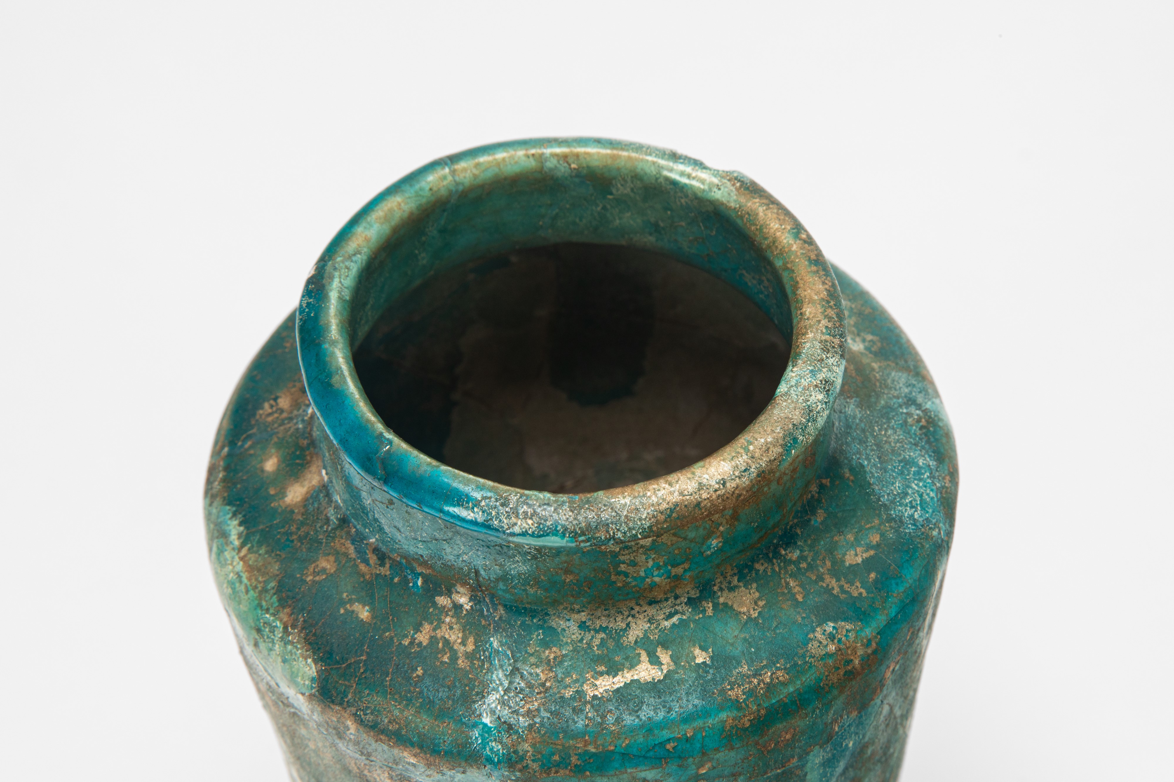 Albarello persiano antico, ceramica invetriata verde-turchese